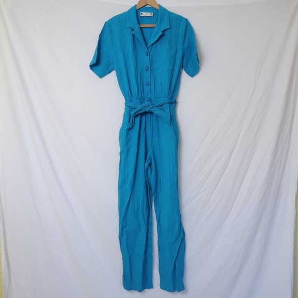 Vintage 80s Saint Germain Paris turquoise blue gauze jumpsuit Large - Picture 1 of 10